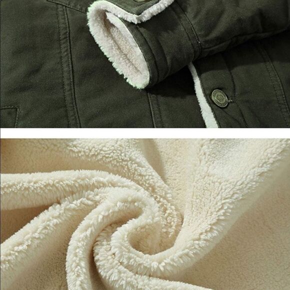 Men’s Vintage Army Green Sherpa Fleece Lined Denim Jacket - Picture 4 of 9